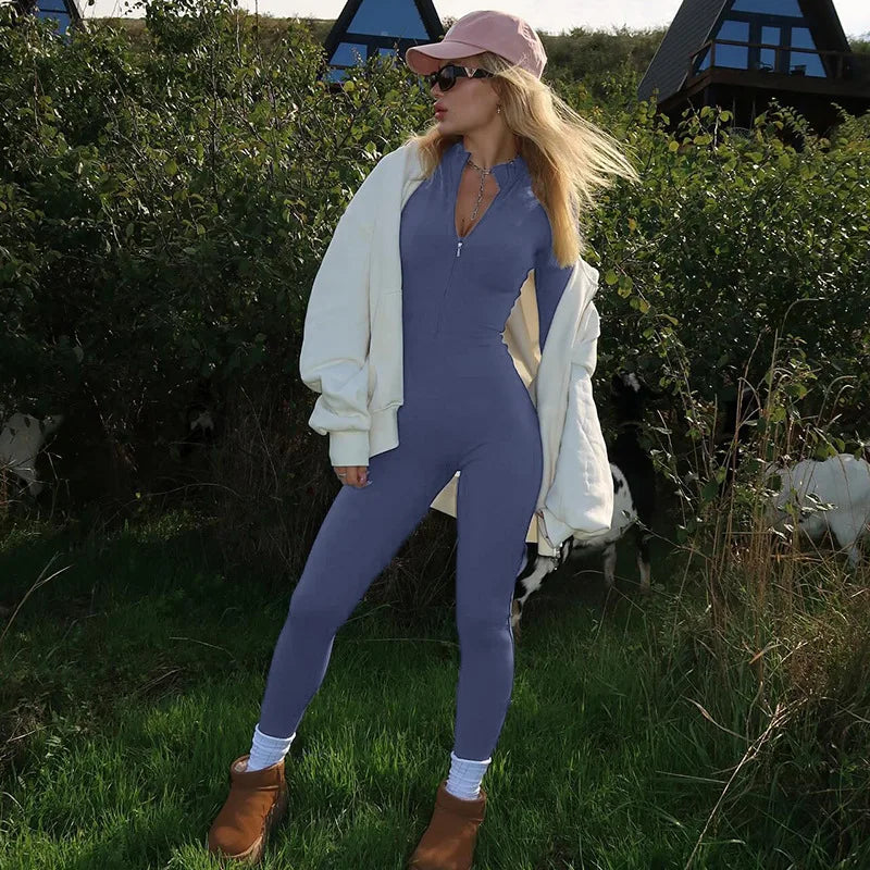 Shestyle Solid Women 2025 Fitness Bodycon Jumpsuit Zipper Fly Mock Neck Work Out Clothes Hipster Violet Sexy Stretchy Stylish