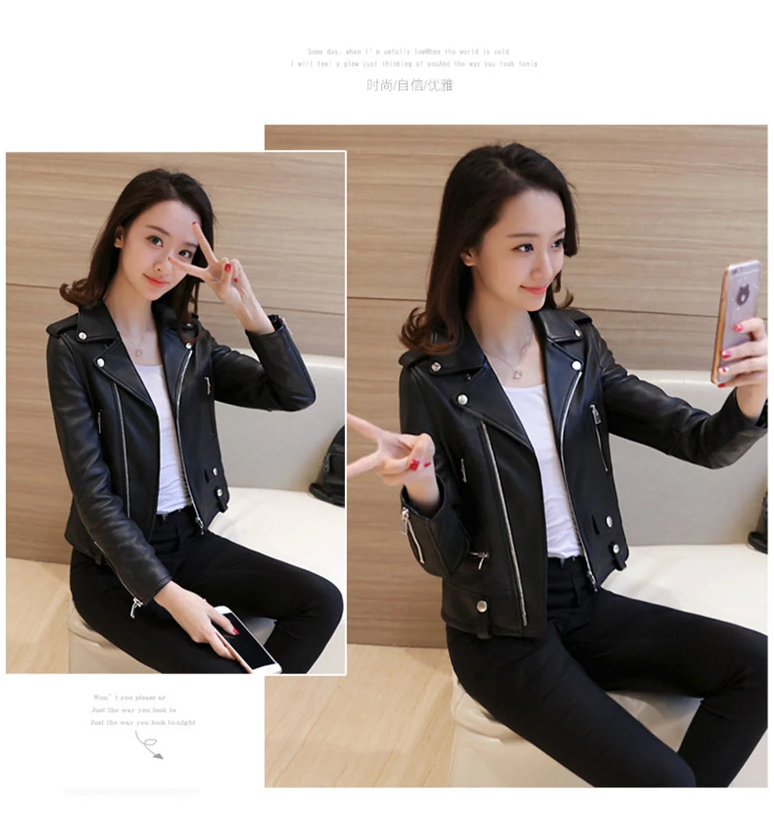 Women Cool Slim Fit Faux Leather Jacket Long Sleeve .