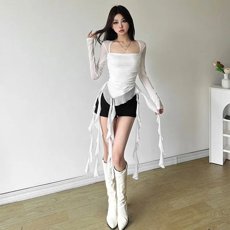 Ruffle Irregular Long Sleeve Women T Shirt Y2K Fashion Streetwear Patchwork Asymmetrical Top Korean Chic Sheer Mesh Ladies Tees