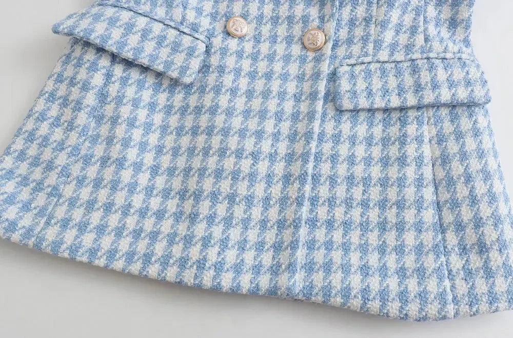Women Fashion Houndstooth Double Breasted Tweed Blazer Coat .