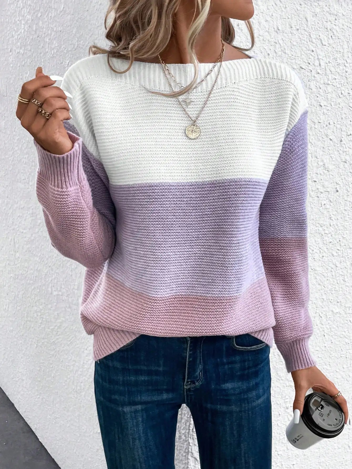 Elegant Three-color Patchwork Sweater Women Daily Commuter Casual .