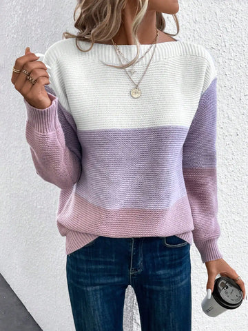 Elegant Three-color Patchwork Sweater Women Daily Commuter Casual .