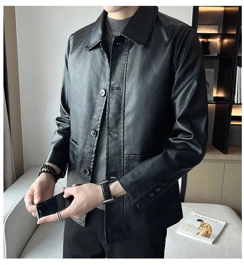 brand slim leather jacket coat Men Business Casual Autumn winter.