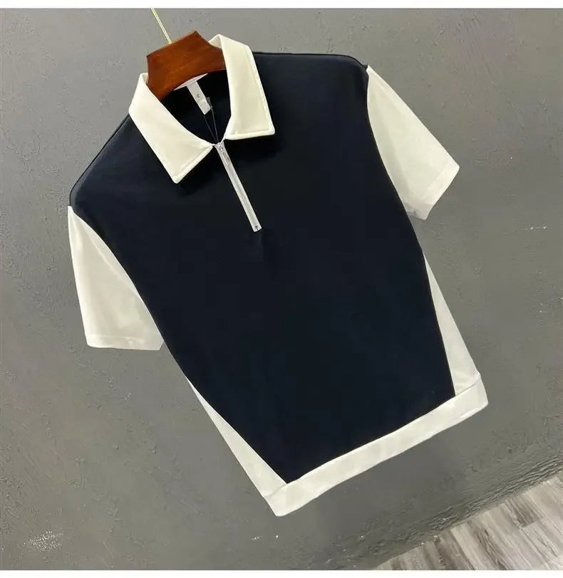 Fashionable Half-zipped Men's Polo Shirt Casual Color Block Short Sleeves Summer Trendy Lightweight Style Men's T-shirt