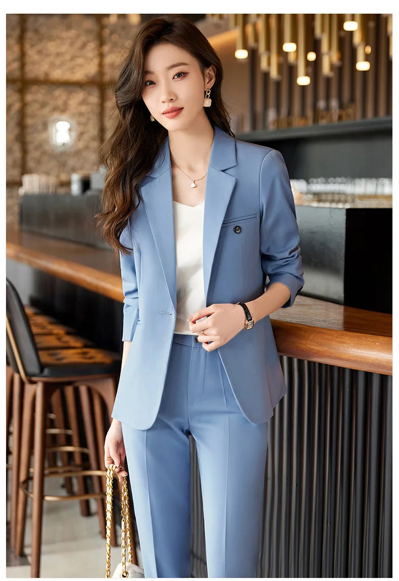 Office Lady Single Button Blazer Chic High Waisted Pants 2 Piece Set.
