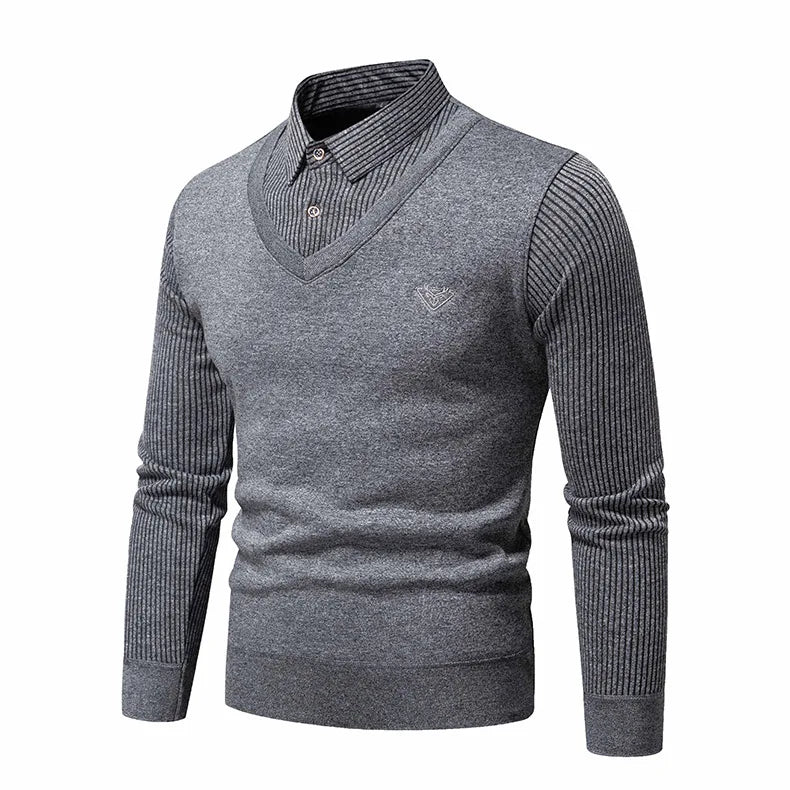 Autumn and Winter New Men's Fake Two Piece Sweater with Fleece and Slim Fit Polo Collar Knitted Bottom Shirt Thickened and Warm