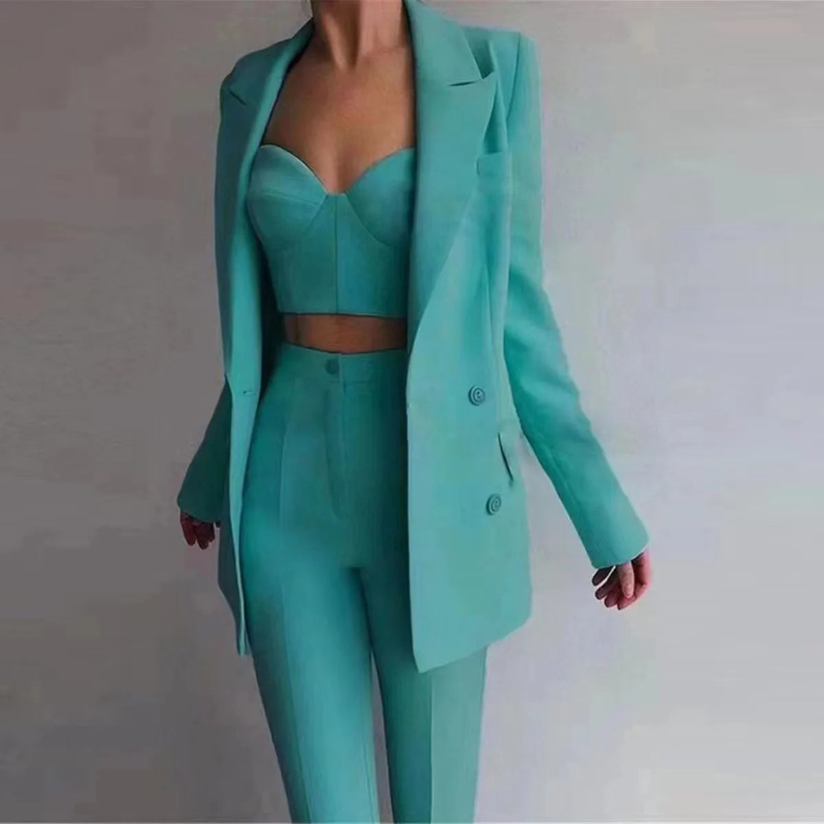 American  Fresh Fuchsia Color 3PCS Blazer Set with Bre Top and Pencil Pants .