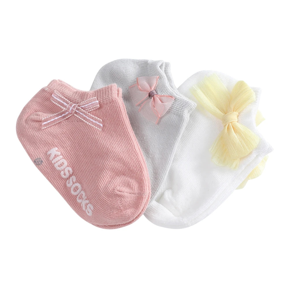 3 Pairs/lot Kids Girls Socks Cotton Children's Anti-slip Boat Socks For Girl Solid Color Bow Kid Sock Four Season 0-5Y