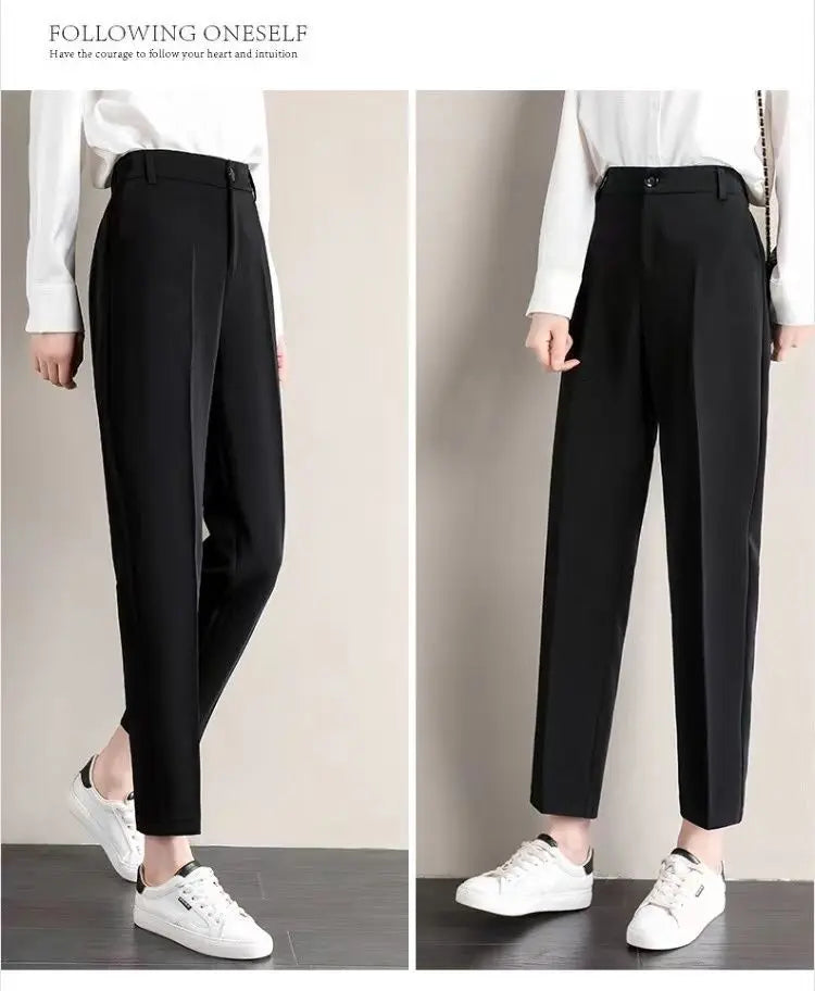 Fashion Office Pocket Black Loose Ankle-Length Pants Women New High Waist Korean Zipper Button All-match Lady Straight Trousers