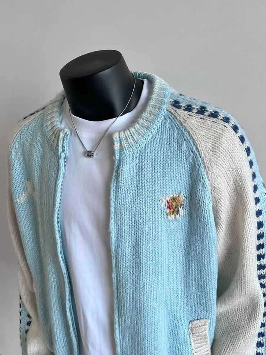 Design Knitted Wool Color-blocked Zipper Jacket Men's Winter .