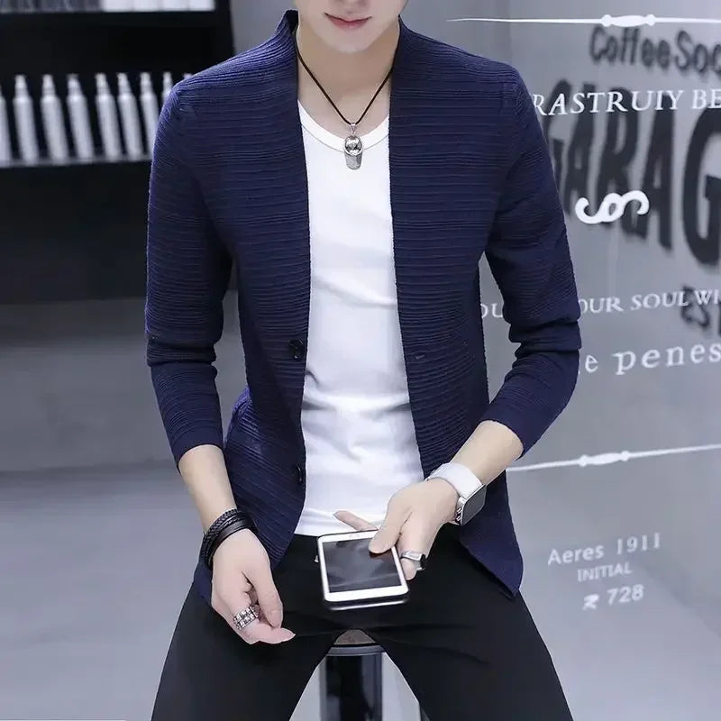 Knit Sweater Male Men's Clothing Cardigan Black Slim Fit Plain .