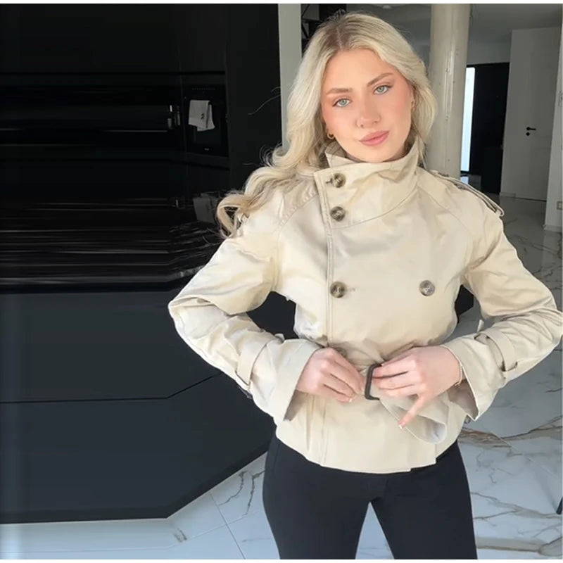 Fashion Women's Short Belt Jackets Long Sleeve Stand Collar Double Breasted Female Coat 2025 Autumn Lady Solid Outwear