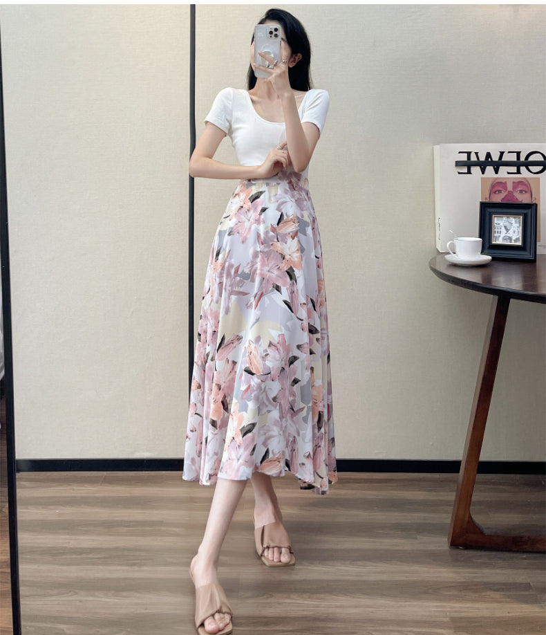 Summer High Waist Women Skirts Casual Floral Printed Chiffon.