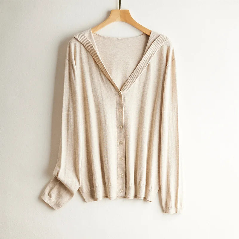 Birdtree 63.9% Silk Cashmere Blended Cardigan Hooded Loose Long Sleeve Knitted Coat Solid Casual Women's Top Autumn New T38533QM