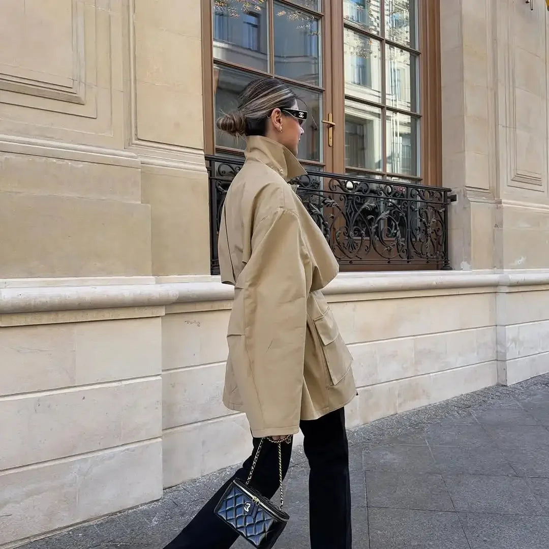 Single Breasted Khaki Belt Trench Coat Women.