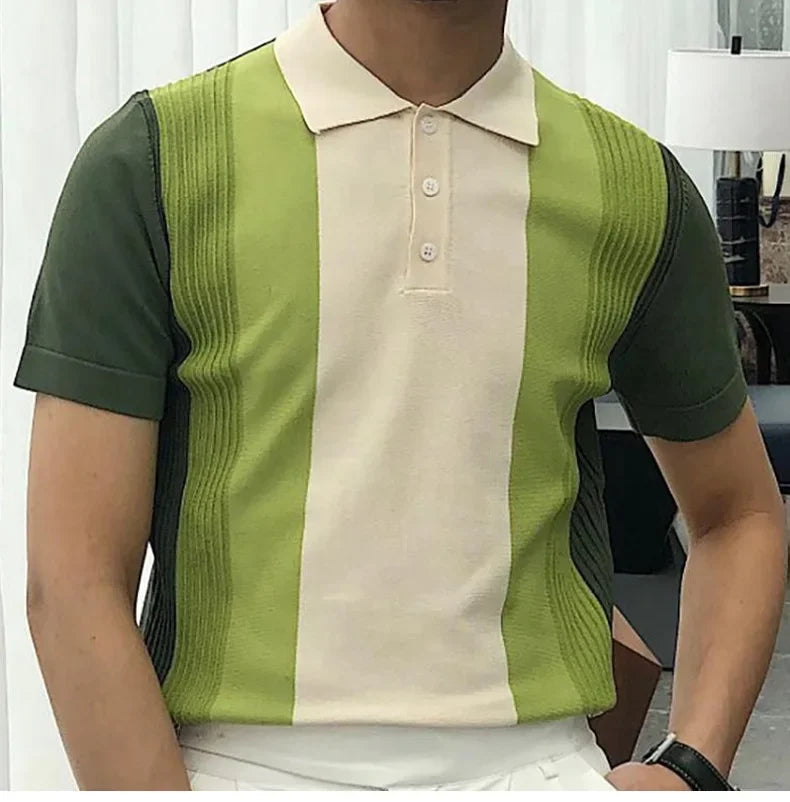 2025 Summer Contrast Color Knitted Polo Shirts Men Green Stripe Turn-down Collar Tops for Men Slim Fit Casual Business Polos