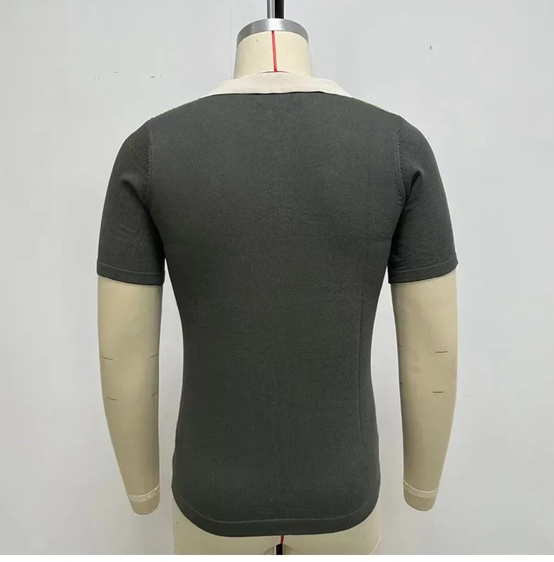 2025 Summer Contrast Color Knitted Polo Shirts Men Green Stripe Turn-down Collar Tops for Men Slim Fit Casual Business Polos