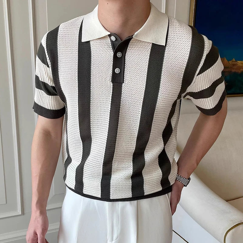 Stylish Mens Slim Short Sleeve Polo Shirts Knitting Striped Contrast Color Polo T Shirt For Men Summer New Casual Buttoned Polos