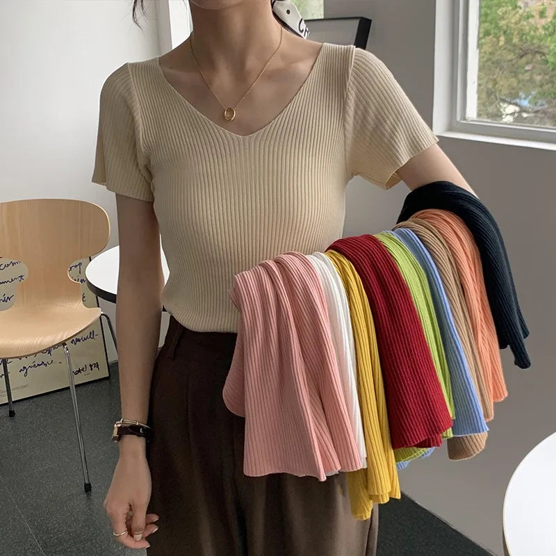 V-neck Solid Thin Summer Women Pullover Female Knitted Ribbed Sweater.