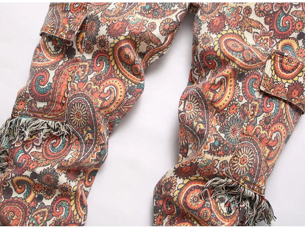 Men Bandana Print Pants Plus Size Multi Pockets Cargo Jeans .