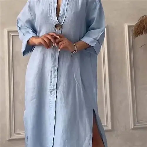 Women's Casual Button-Up Linen irt Long Ne round Color women fashion;/MH