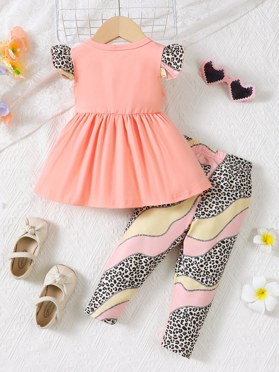 New Baby Girl Casual Round Neck Sleeveless Dress Printed Pants Two Piece Set.