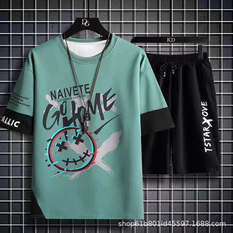 Summer Casual Set, Men's Thin and Trendy Round Neck Short Sleeved T-shirt,