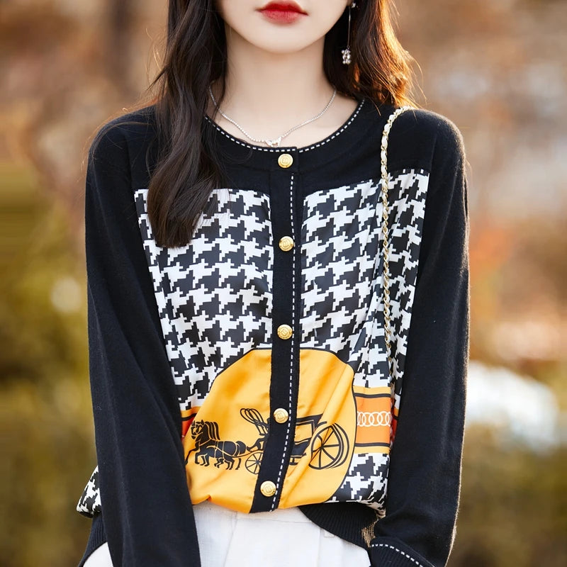 Spring and Autumn New Woven Wool Cardigan Women's V-neck.