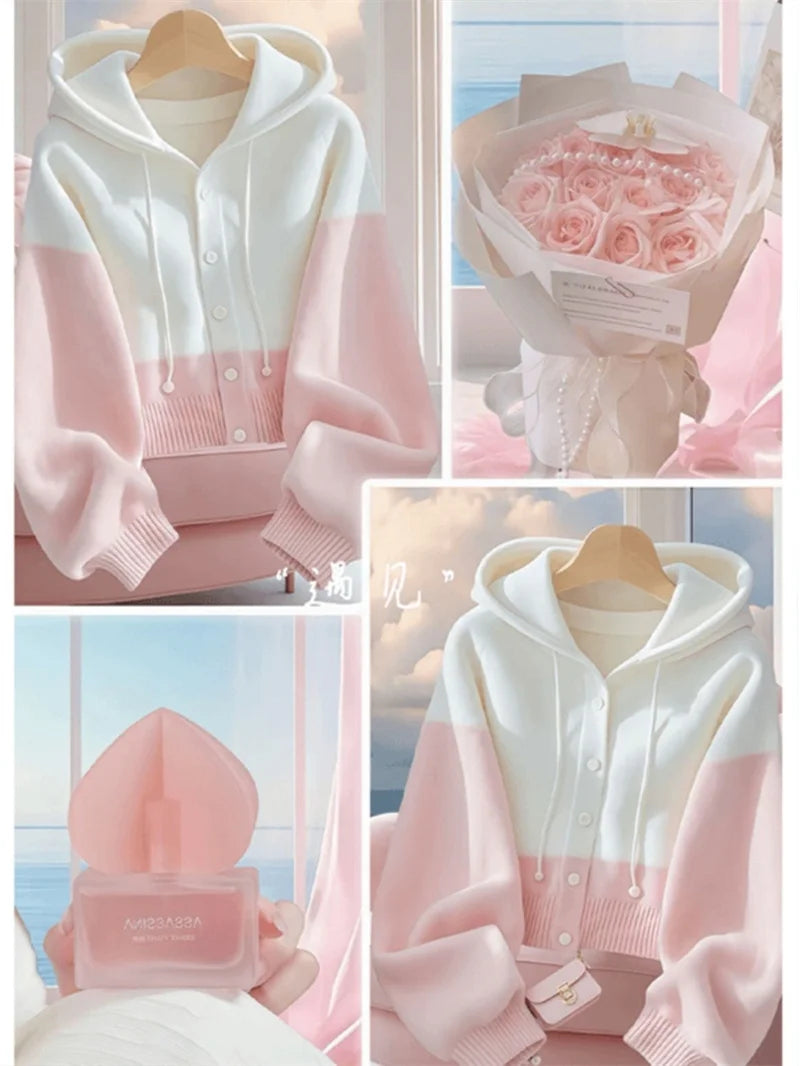 Women Spring Autumn Patchwork Knitted Cardigan Sweater 2025 New Korean Ladies Single Breasted Sweater Hooded Jacket Elegant Coat