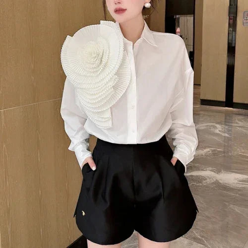 2025 Camisas De Mujer Blouse for Women Elegant Floral Shirts Oversized Tops Long Sleeve Fashion Pleated White Casual Blouses