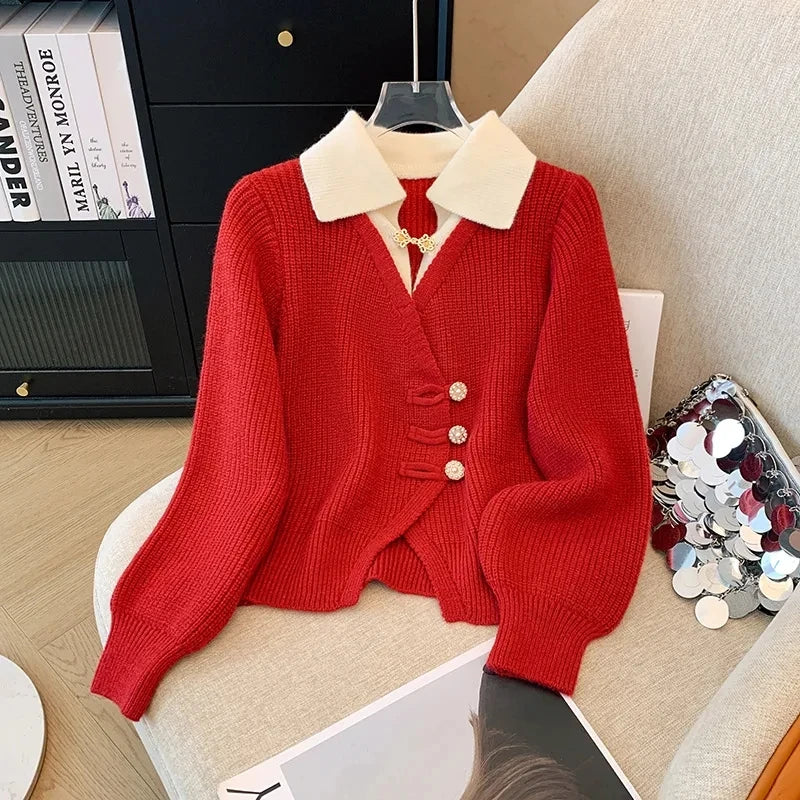 New 2025 Autumn Winter Design Splicing Slim Women Knitted Cardigan Sweater Jacket Fashion Fake Two Items Loose Ladies Top