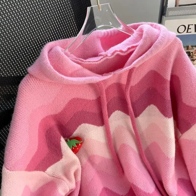 Gagarich Pink Strawberry Bear Hooded Sweater Jacket Women.