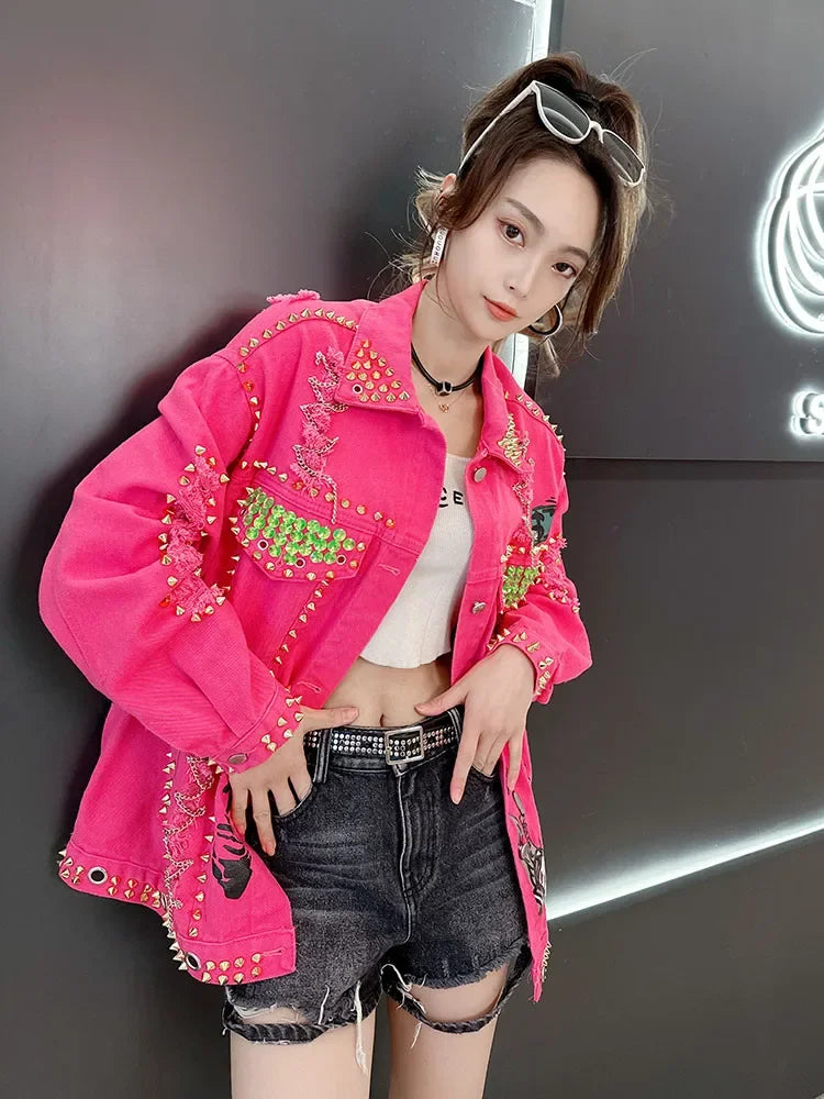 Women Graffiti Printed Rivets Denim Jacket Loose Holes Diamonds .