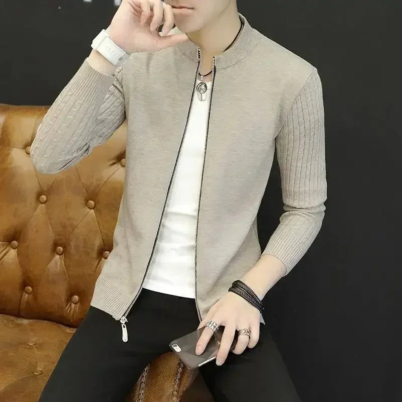 Knit Sweater Male Men's Clothing Cardigan Black Slim Fit Plain .