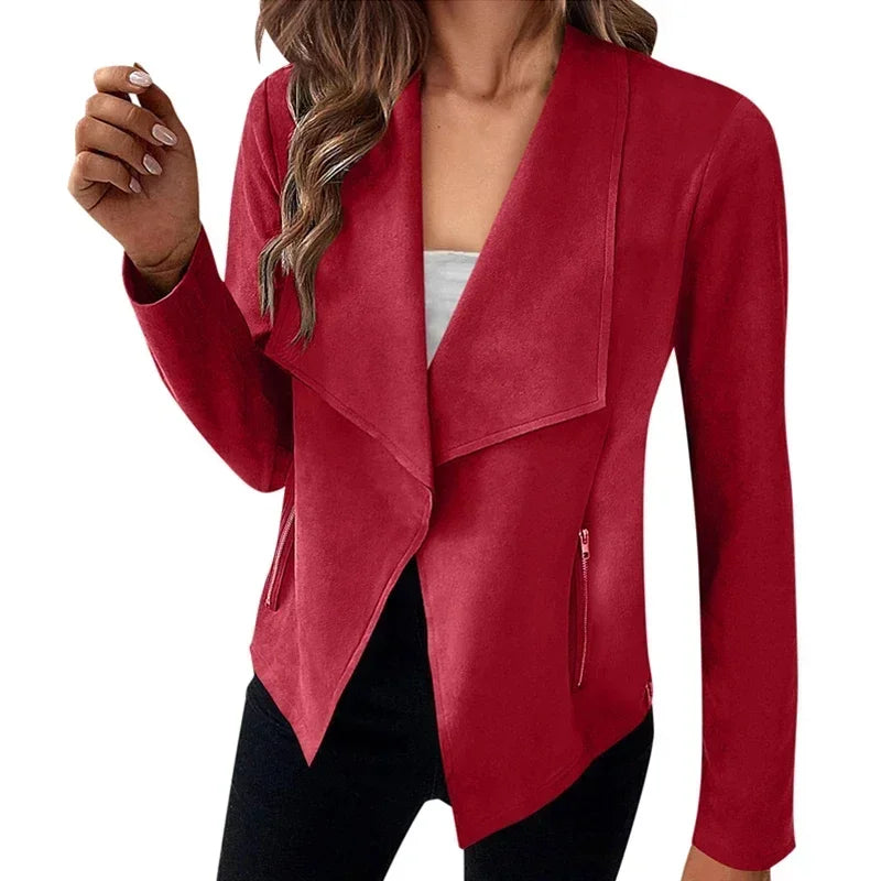 Women's Suit Jacket Solid Suede Lapel Zipper Pocket .
