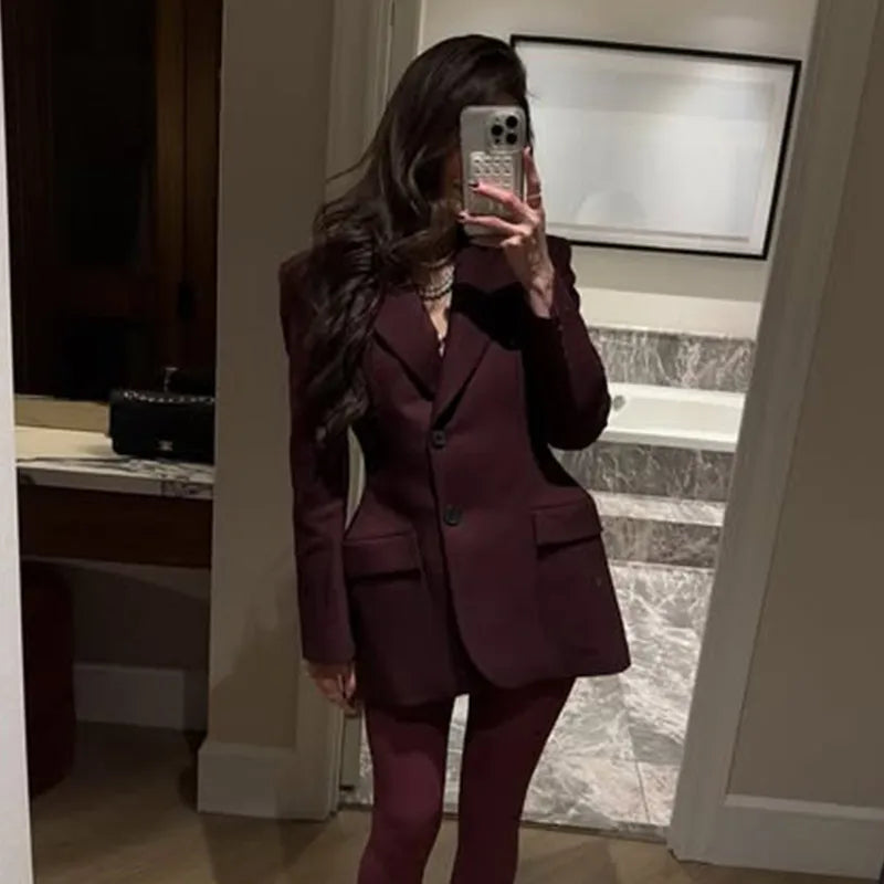 Elegant Lapel Blazer Skirt Set Women Casual Slim.
