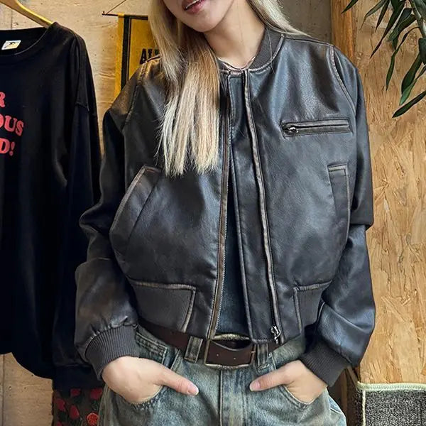 American Vintage Short Motorcycle Leather Jacket Women.