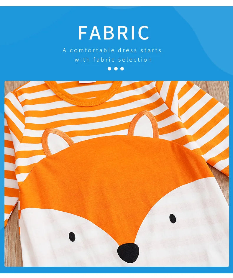 Boys And Girls Cute Cartoon Fox Printed Long Sleeve Baby Bodysuit.