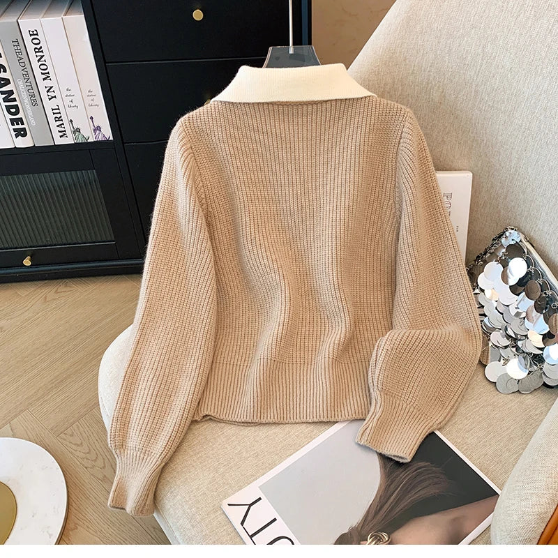 New 2025 Autumn Winter Design Splicing Slim Women Knitted Cardigan Sweater Jacket Fashion Fake Two Items Loose Ladies Top