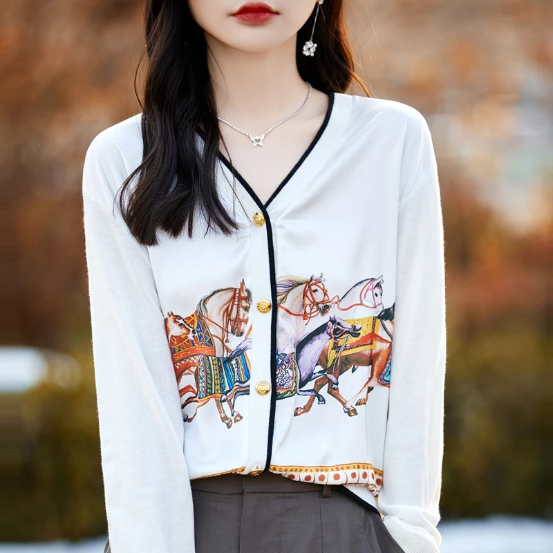 Spring and Autumn New Woven Wool Cardigan Women's V-neck.
