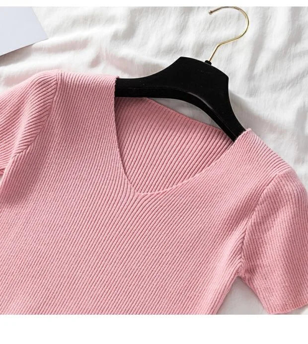 V-neck Solid Thin Summer Women Pullover Female Knitted Ribbed Sweater.