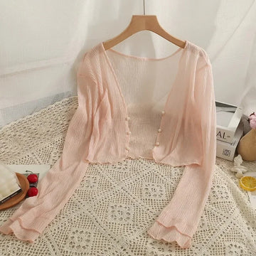 Button Front Crop Women Cardigan Sheer Knit Top Lightweight Bolero .