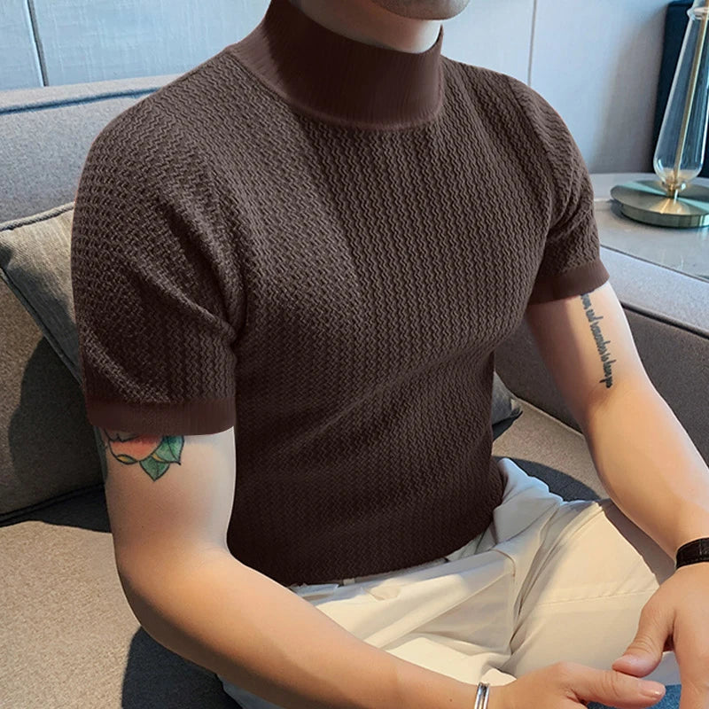 New Summer Fashion Tight T-shirt Casual Streetwear Textured High-neck Solid Color Short-sleeved Bottoming Tees Korean Style Tops