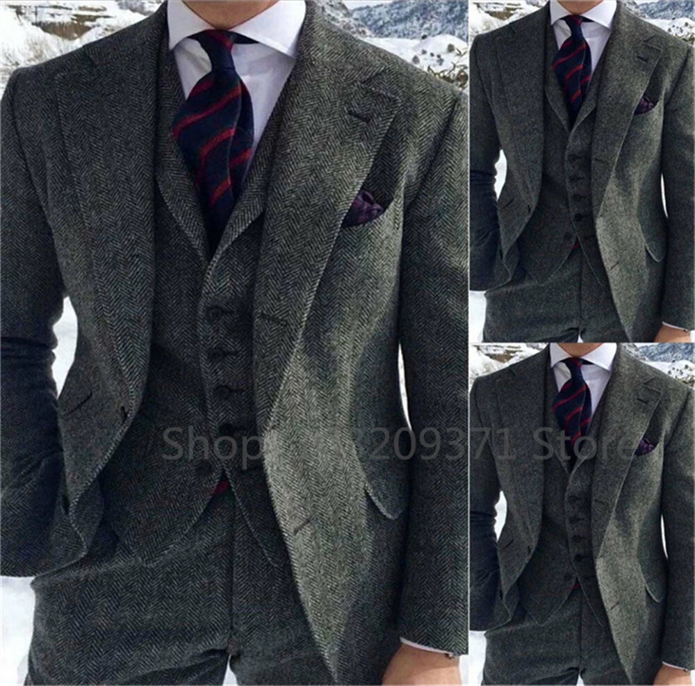 Gray Herringbone Winter Suit for Men Wool Tweed Slim Fit .
