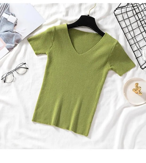 V-neck Solid Thin Summer Women Pullover Female Knitted Ribbed Sweater.