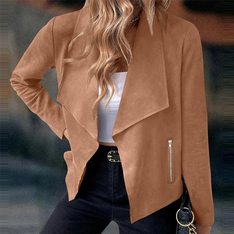 Women's Suit Jacket Solid Suede Lapel Zipper Pocket .