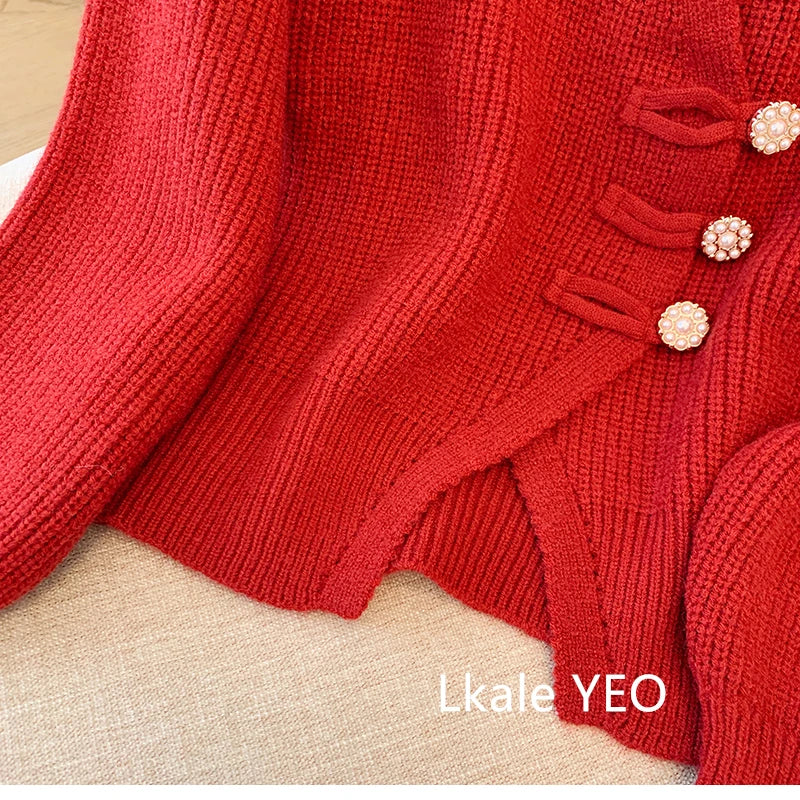 New 2025 Autumn Winter Design Splicing Slim Women Knitted Cardigan Sweater Jacket Fashion Fake Two Items Loose Ladies Top