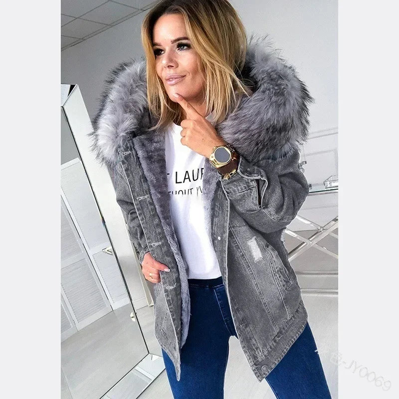 New Fashion Hooded Big Fur Collar Denim Jacket .