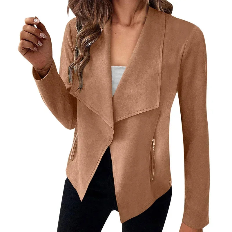 Women's Suit Jacket Solid Suede Lapel Zipper Pocket .