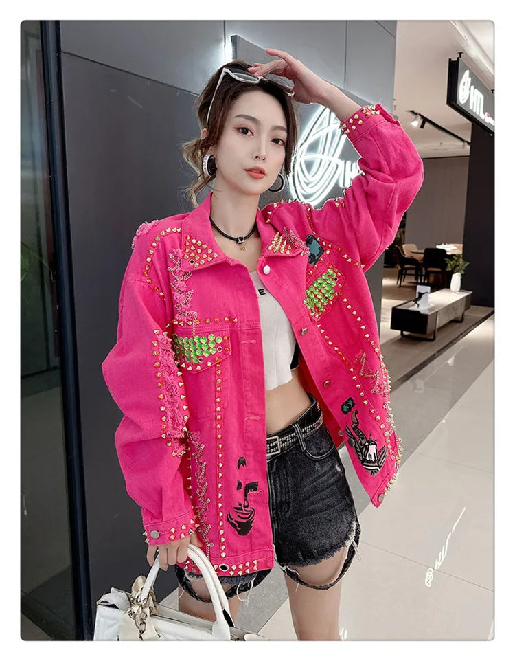 Women Graffiti Printed Rivets Denim Jacket Loose Holes Diamonds .